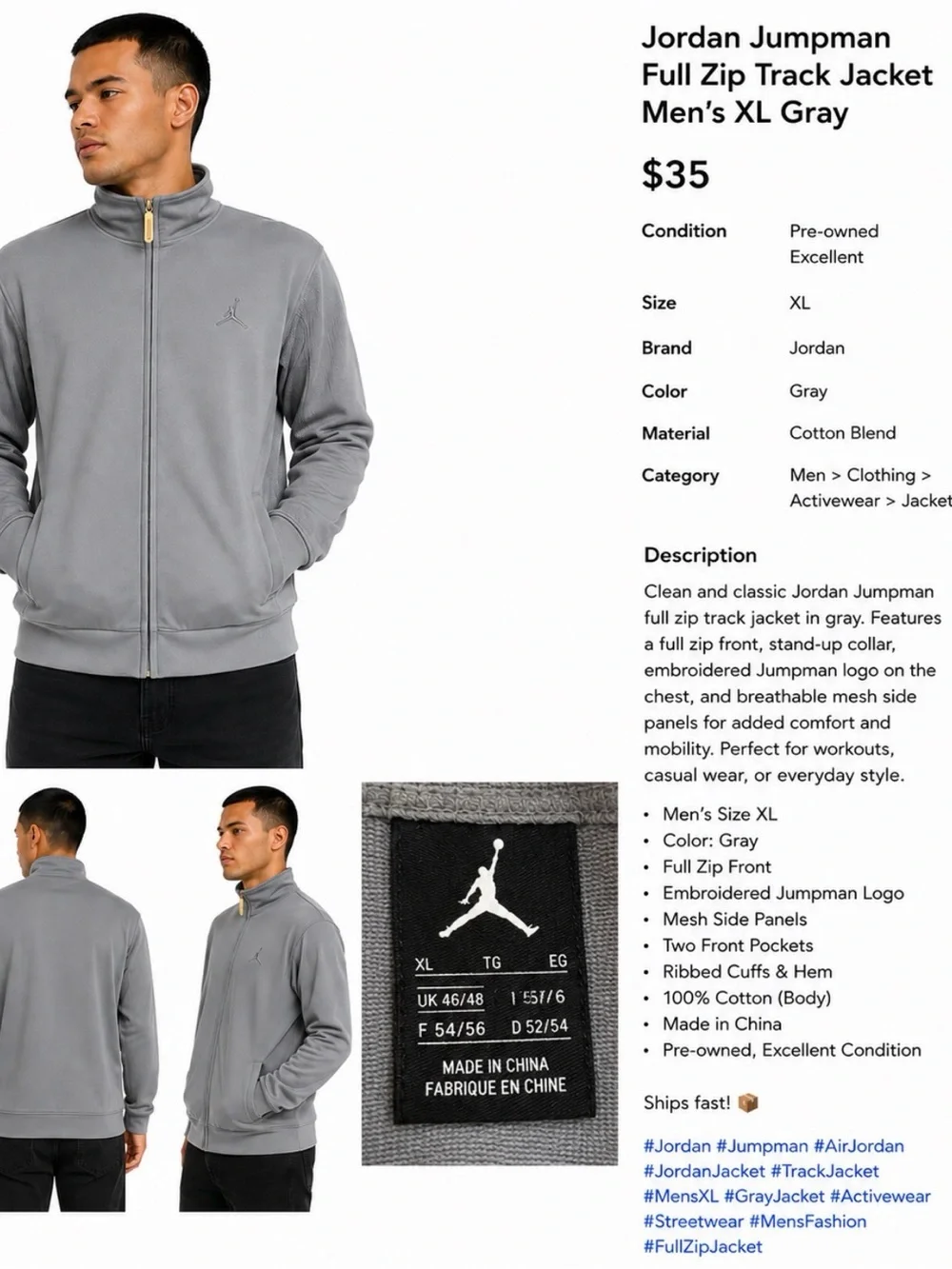 Jordan Gray Men's Jumpman Full-Zip Track Jacket